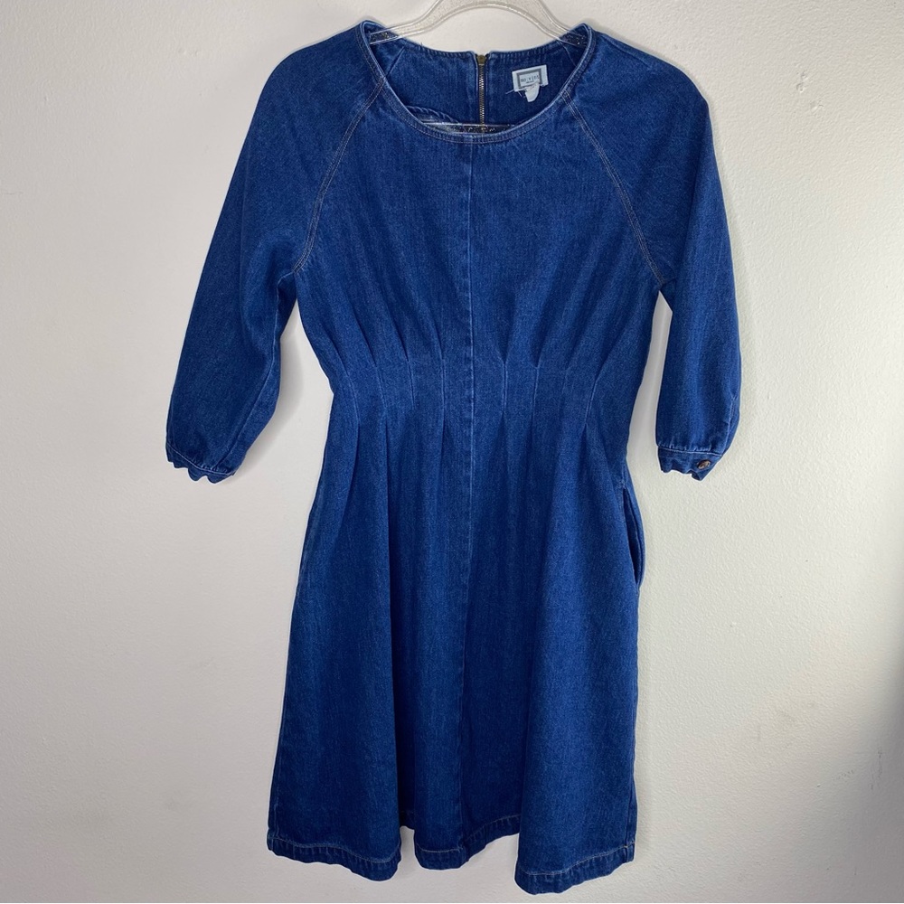 Mo: vint A line gathered denim pocket dress womens size small 3/4 sleeve casual